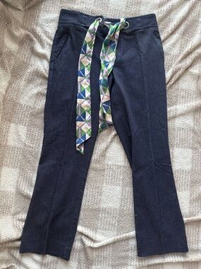 Anthropologie Navy Knit Pull-On Pants with Printed Tie